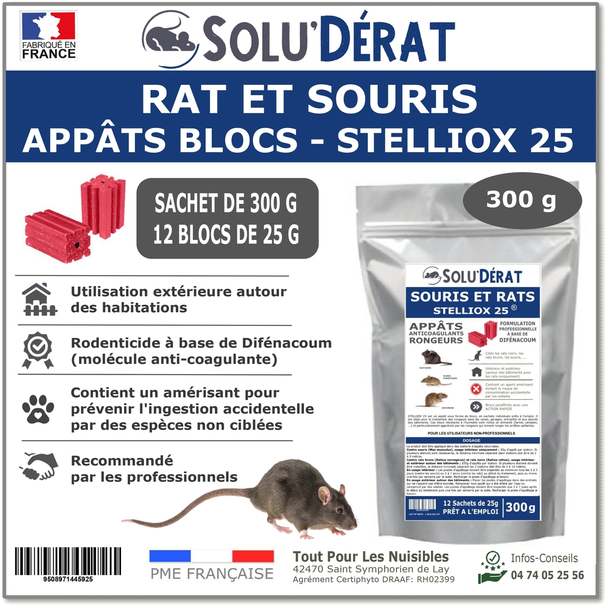 Appât anticoagulant en bloc pour rats et souris, Stelliox - Sachet de 300g